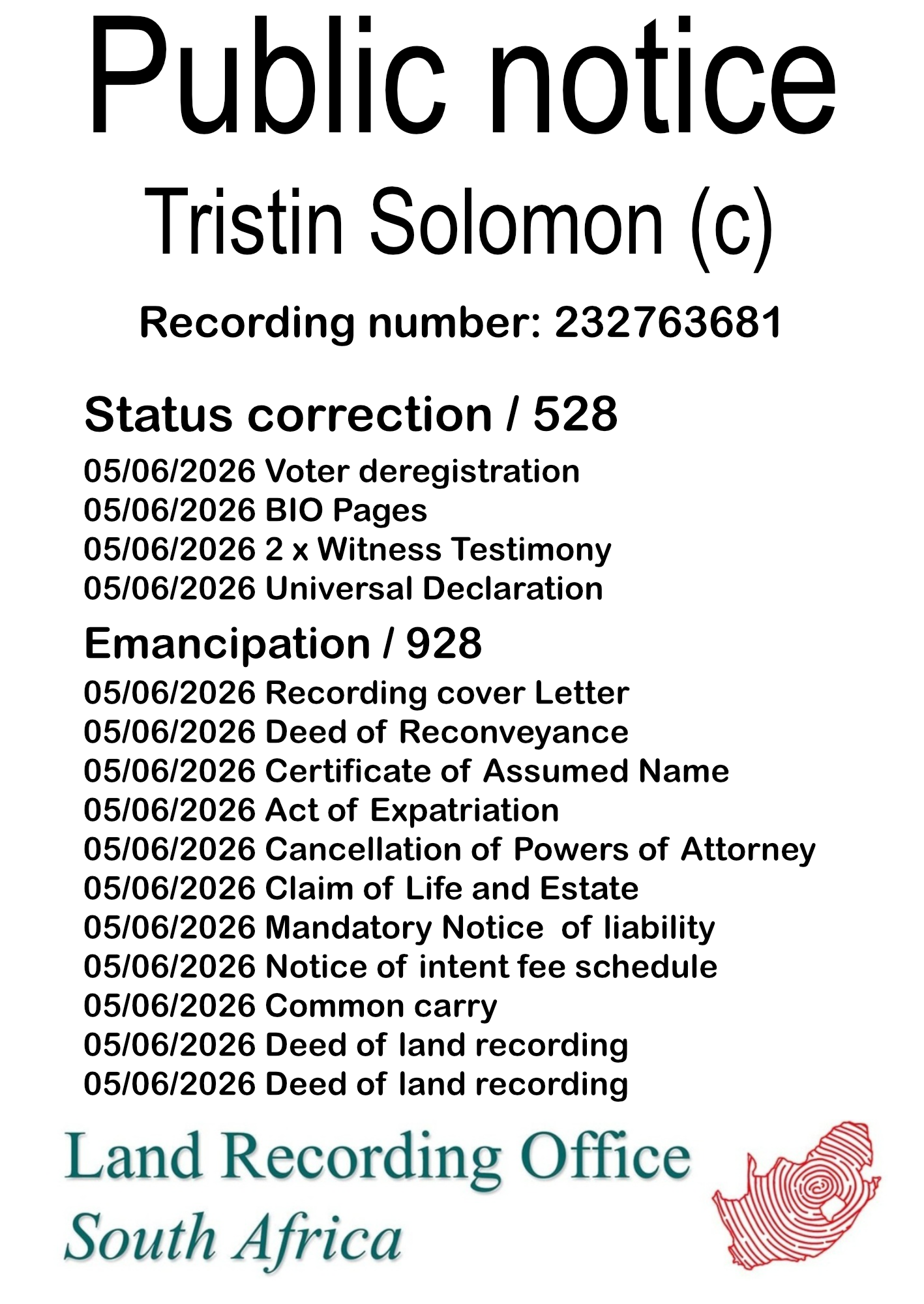 Public notice Tristin Solomon Recording number 232763681